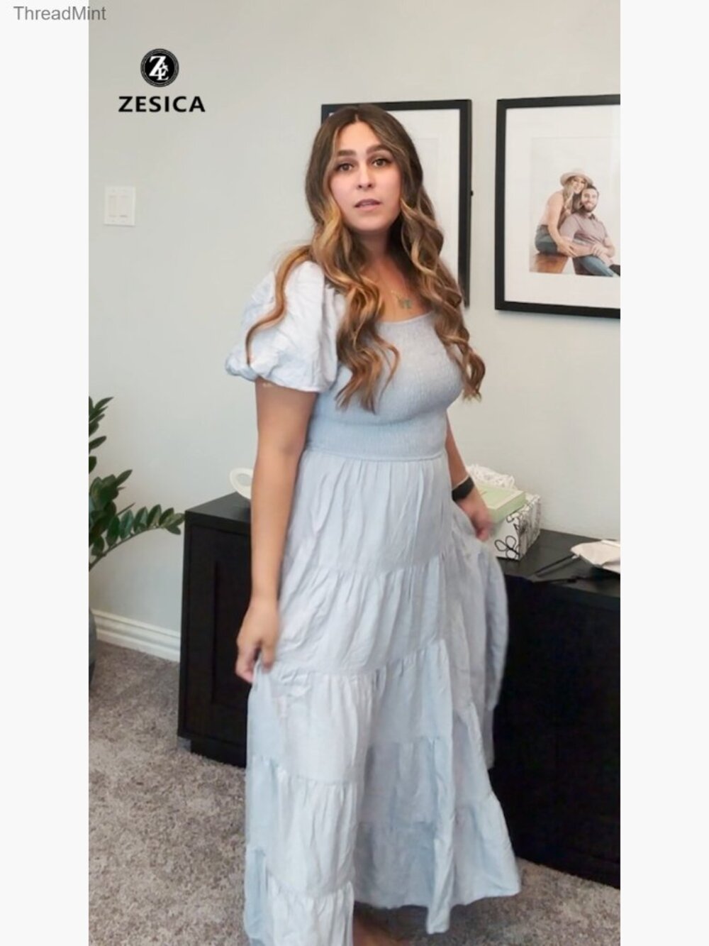 Summer Square Neck Puff Sleeve Smocked Midi Dress High Waist Flowy Tiered - Picture 7 of 7